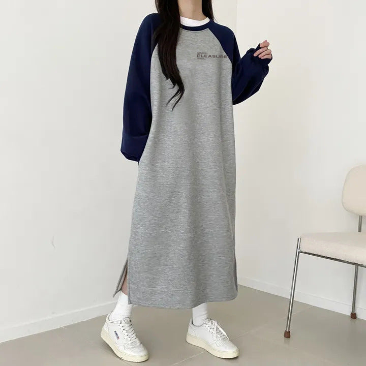 SWVWS 2025 Korean version of fashion splicing t-shirt skirt women's Korean version autumn and winter long-sleeved t-shirt dress women's velvet trendy brand new Korean version of Popular style