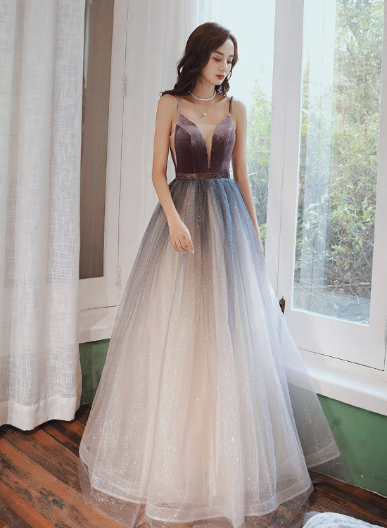 Tmallworld Beautiful Velvet and Gradient Tulle Straps Prom Dress, A-line Evening Party Dresses