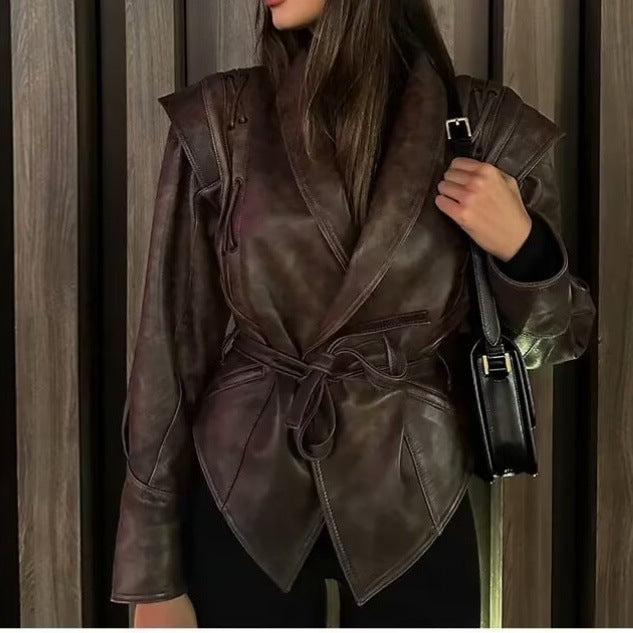 1786  European and American cross-border clothes women's winter Merad wear waist lapel street trendy pu leather jacket