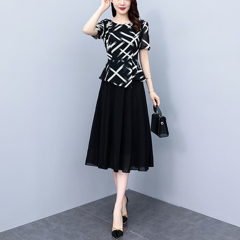 SWVWS Summer New Adult Lady like Woman Style Patchwork Stripes Fake Two Pieces Dress Women's plus Size Waist Trimming Slim Looking Belly Covering Midi Dress Women