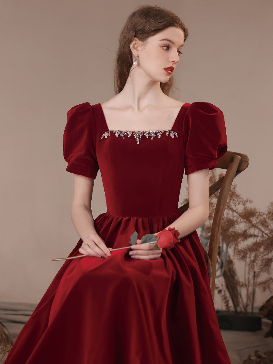 Tmallworld Wine Red Short Sleeves Velvet Long Party Dress, A-line Wine Red Formal Dress