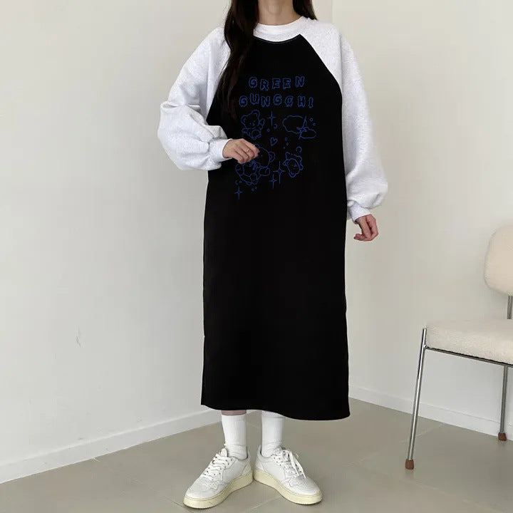 SWVWS 2025 Korean version new Korean version Popular style printing loose casual printing medium and long dress splicing T-shirt skirt women popular