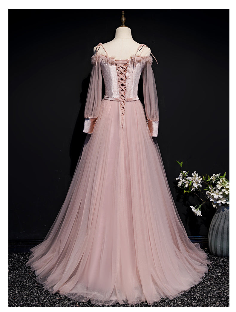 Tmallworld Pink Tulle and Velvet Long Sleeves Flowers Evening Dress, New Style A-line Party Dress