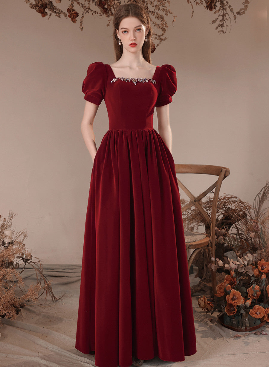 Tmallworld Wine Red Short Sleeves Velvet Long Party Dress, A-line Wine Red Formal Dress