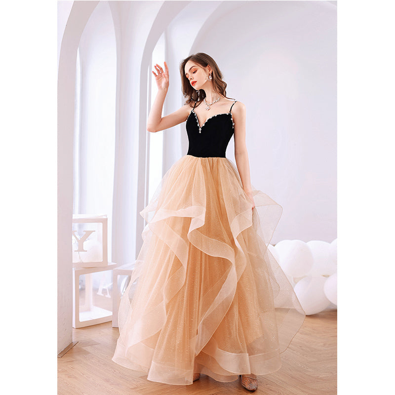 Tmallworld Champagne Layers Tulle with Velvet Straps Party Dress, Long Evening Gown