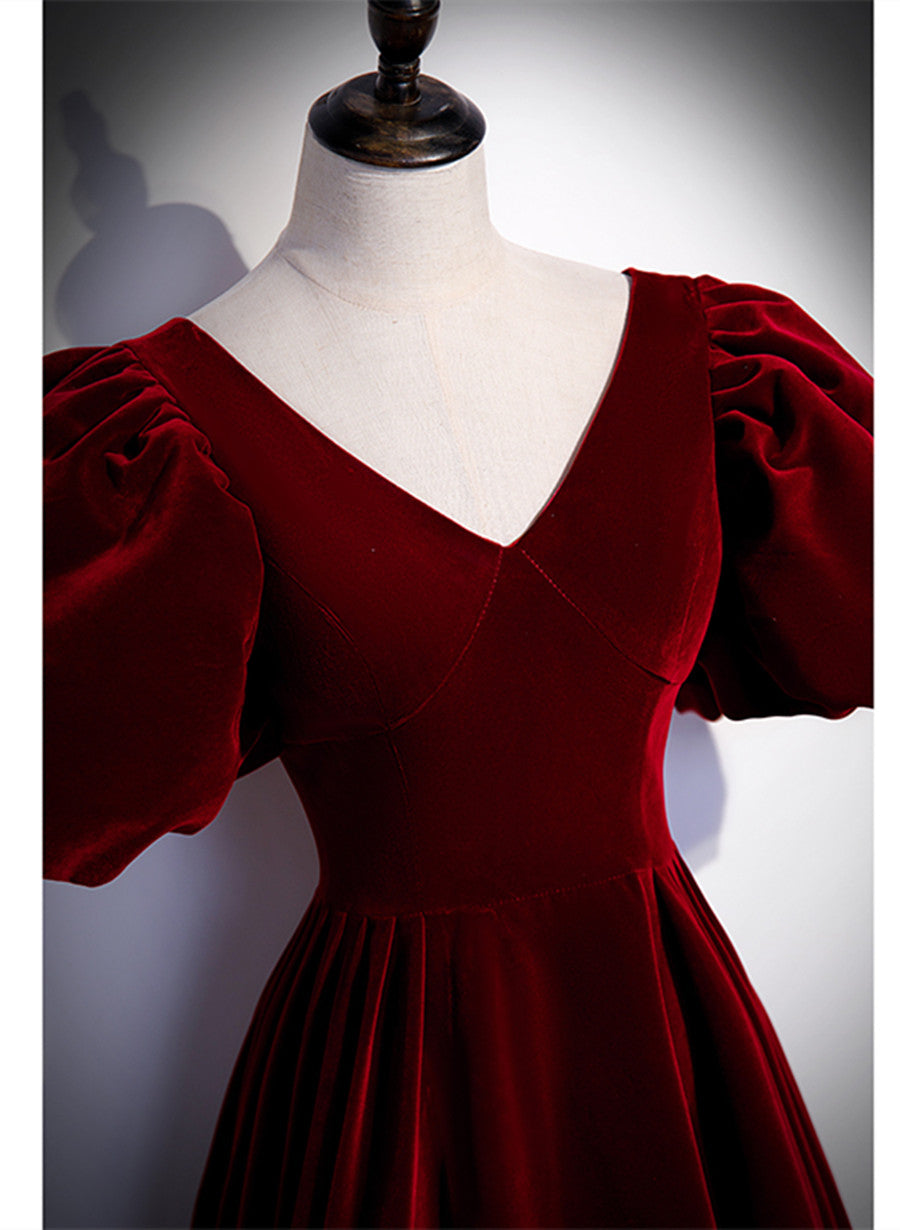 Tmallworld Wine Red Velvet Puffy Short Sleeves Party Dress, Velvet Long Bridesmaid Dress