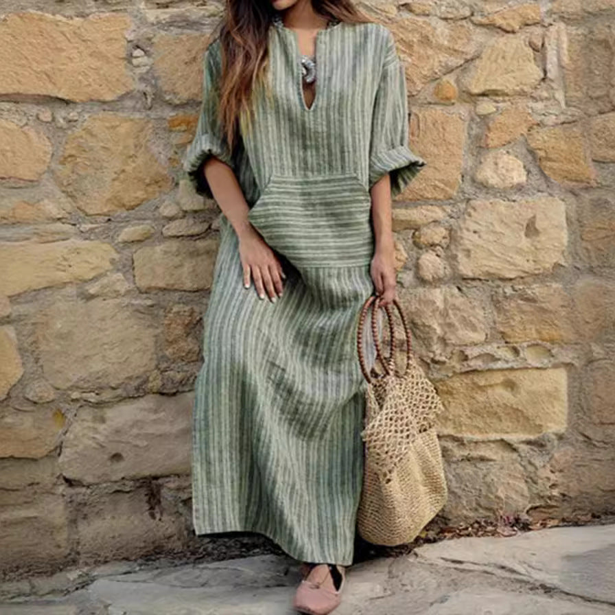 SWVWS Spring and Summer New plus Size Women's Cotton Linen Pocket Yarn-Dyed Loose Length Dress