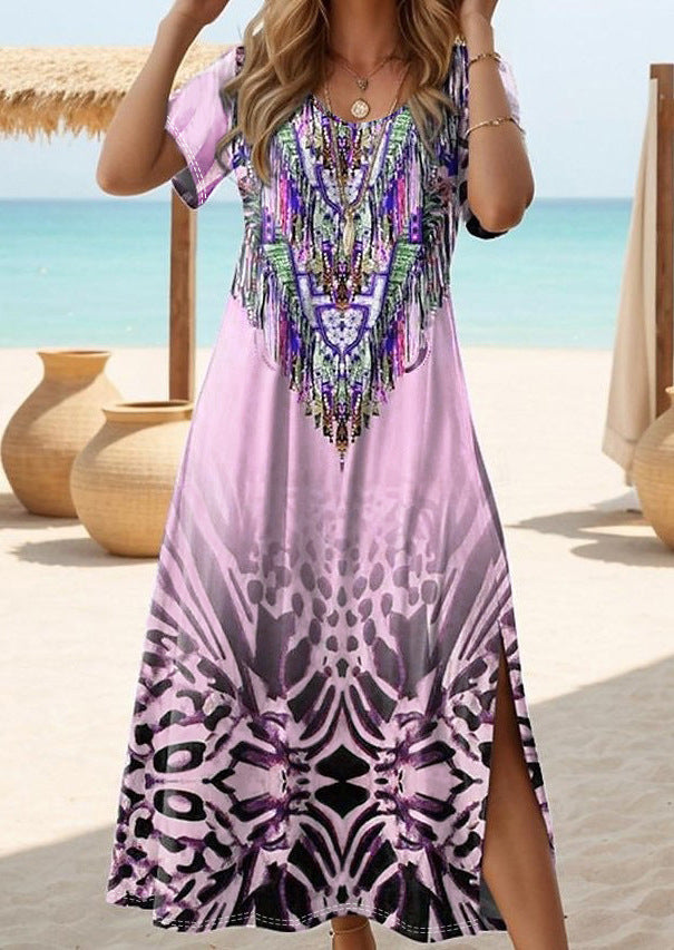 SWVWS New cross-border 2025 trade  independent station temu spring and summer printed short-sleeved sleeves round neck long dress women