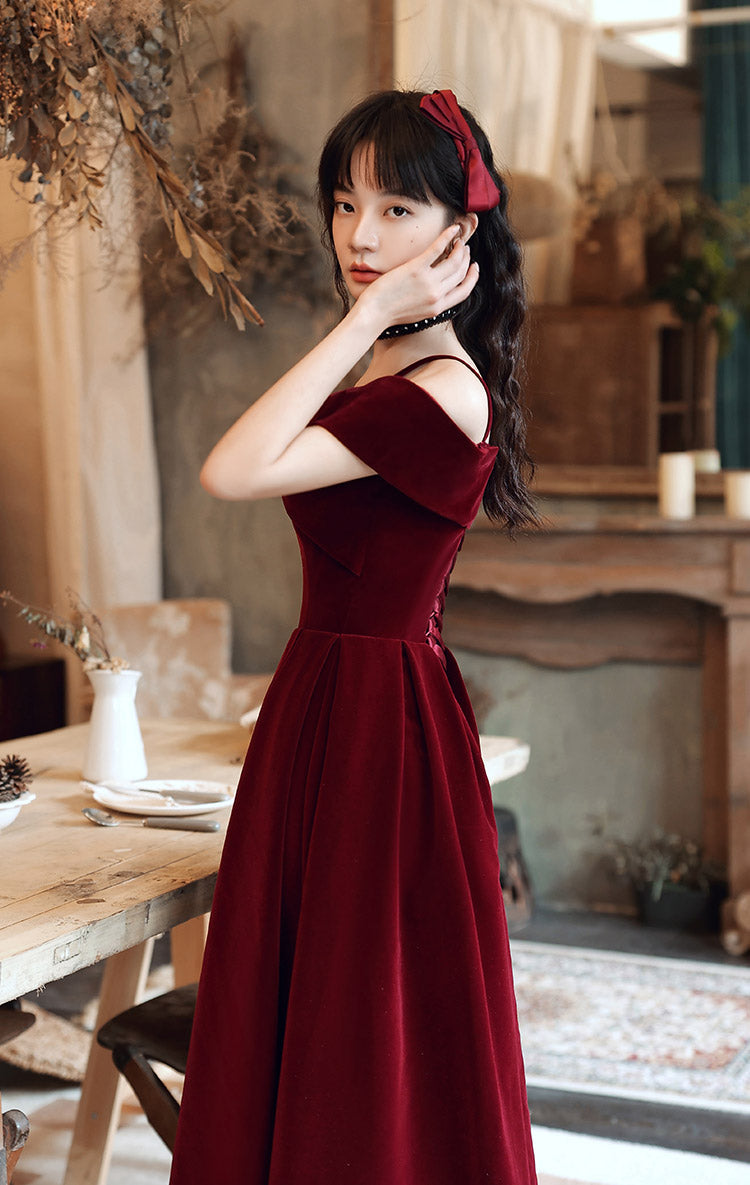 Tmallworld Wine Red Velvet Off Shoulder Long Evening Dress, Dark Red Party Dress Formal Dress