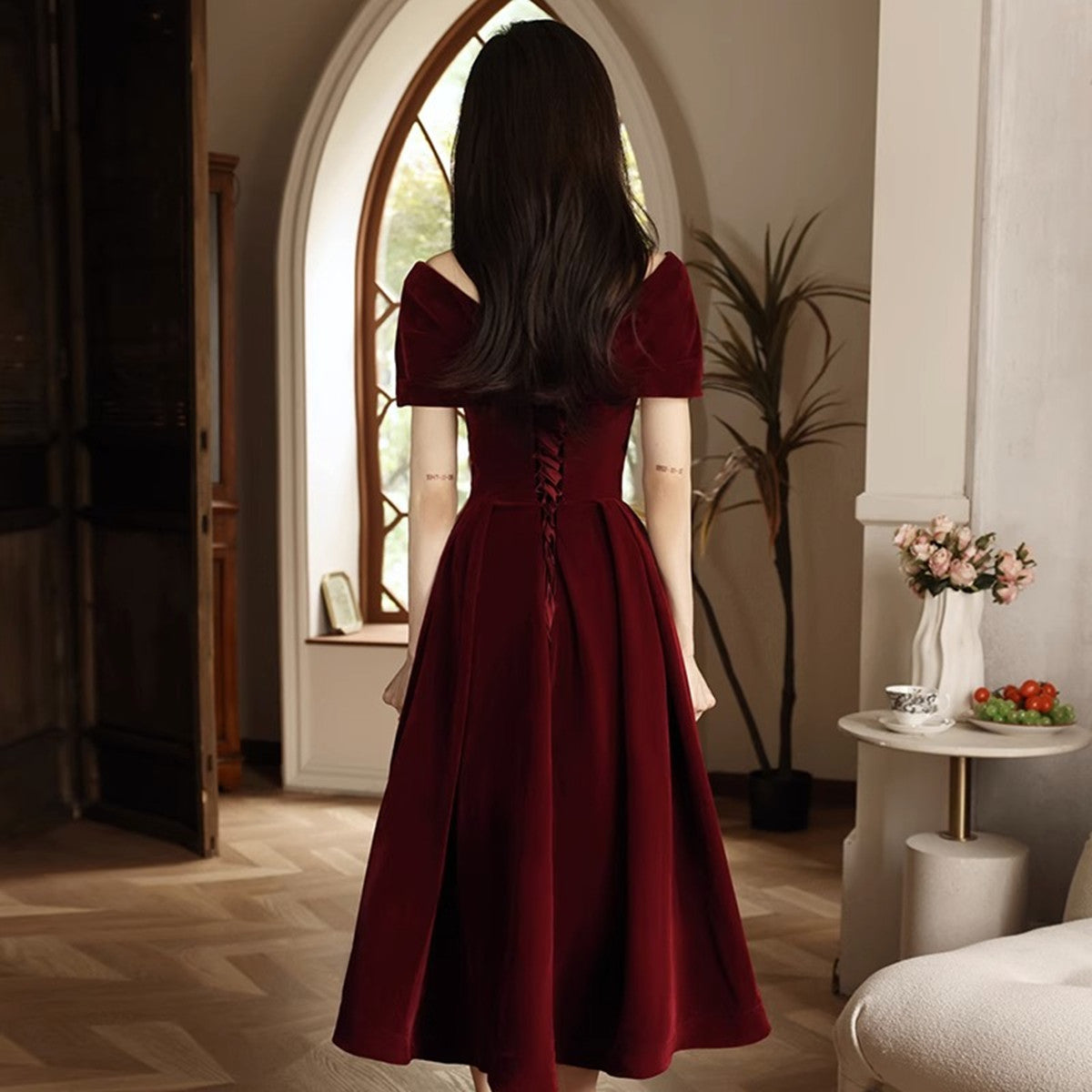 Tmallworld Wine Red Velvet Chic Tea Length, Wine Red Off Shoulder Wedding Party Dress