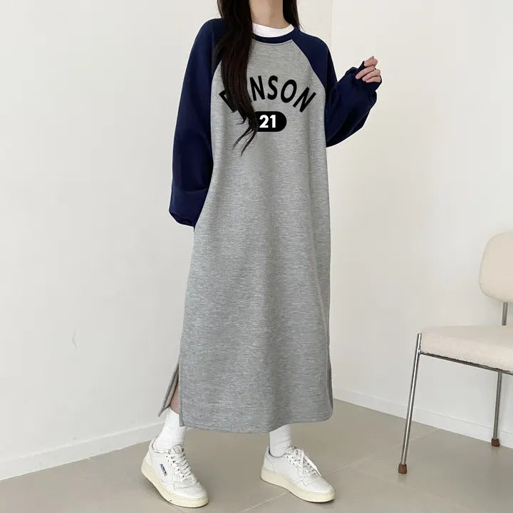 SWVWS 2025 Splicing medium and long T-shirt skirt fashionable versatile simple dress velvet cotton South Korea popular autumn and winter new women