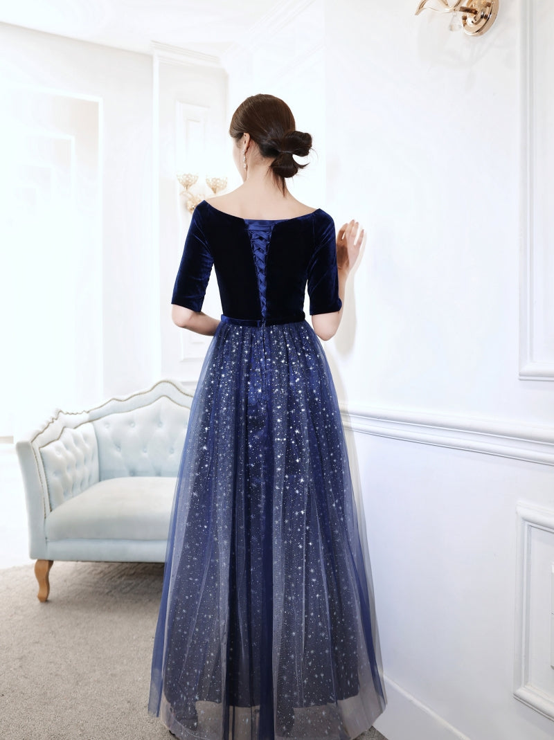 Tmallworld Simple Long Velvet and Tulle Short Sleeves Prom Dress Evening Dress, Blue Bridesmaid Dress