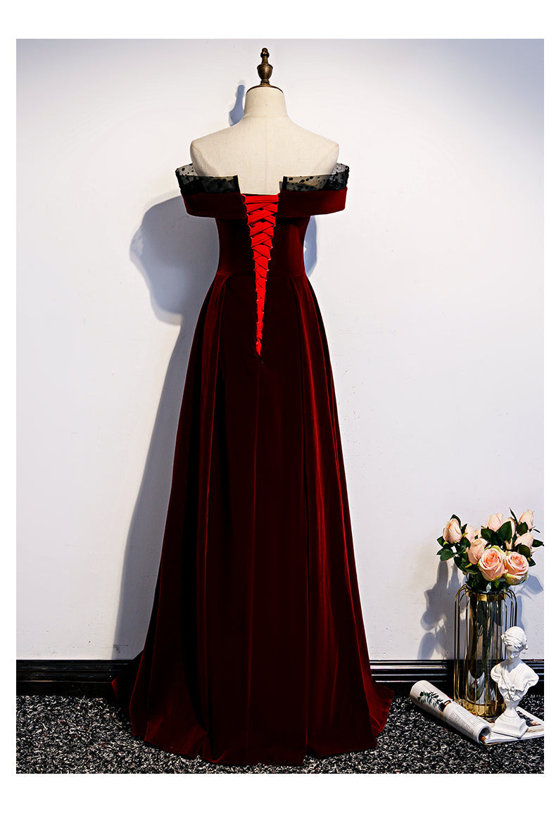 Tmallworld Charming Dark Red Velvet Long Prom Dress, Junior Prom Dress, Evening Gown