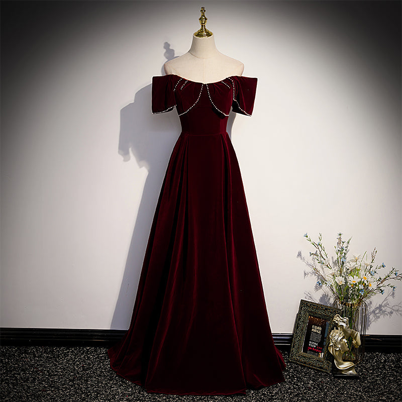 Tmallworld Wine Red Velvet Off the Shoulder Beaded Long Party Dress Prom Dress, Dark Red Bridesmaid Dresses