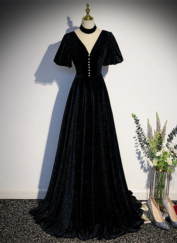 Tmallworld Long Velvet V-neckline Floor Length Prom Dresses, Black Evening Wedding Party Dresses