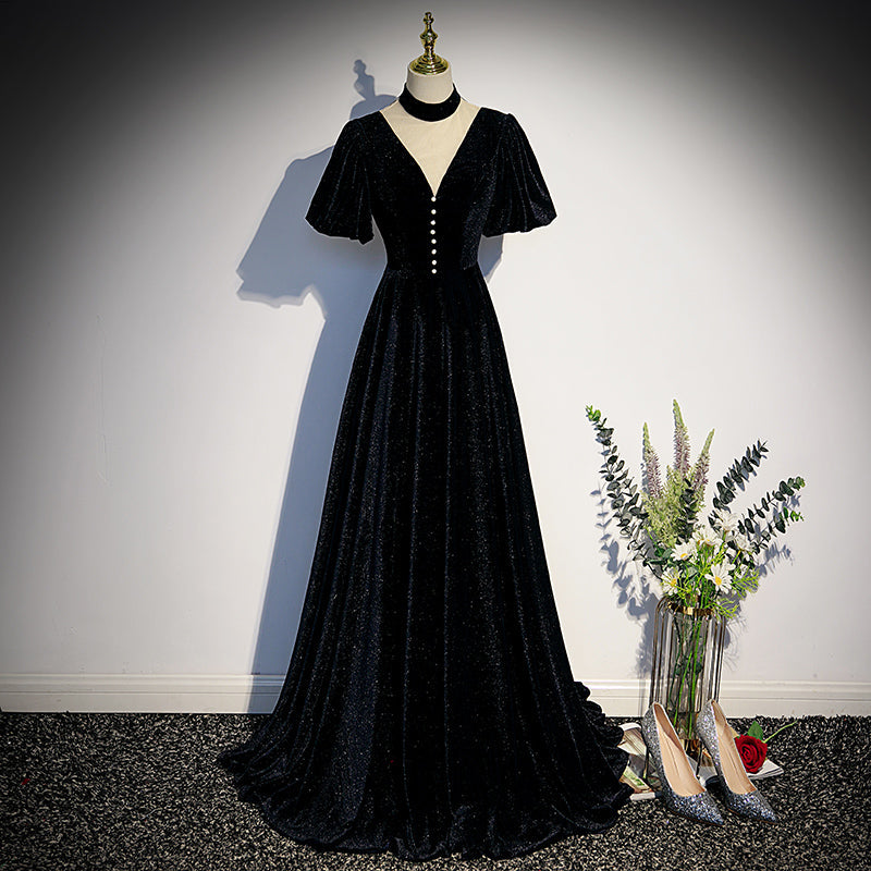 Tmallworld Long Velvet V-neckline Floor Length Prom Dresses, Black Evening Wedding Party Dresses