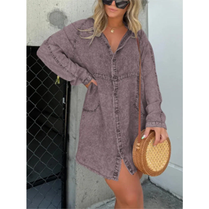 SWVWS New  Cross Border  Hot Denim Skirt V-neck Washed Loose Shirt Dress plus Size