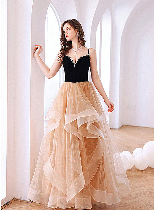 Tmallworld Champagne Layers Tulle with Velvet Straps Party Dress, Long Evening Gown