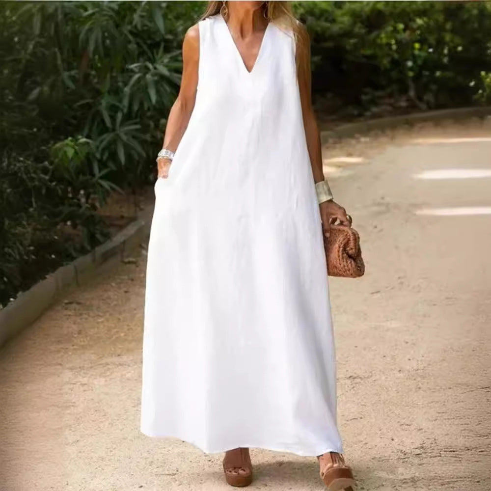 SWVWS Wish    Spring and Summer New Deep V-neck Sleeveless Large Long Style White Cotton Linen Dress