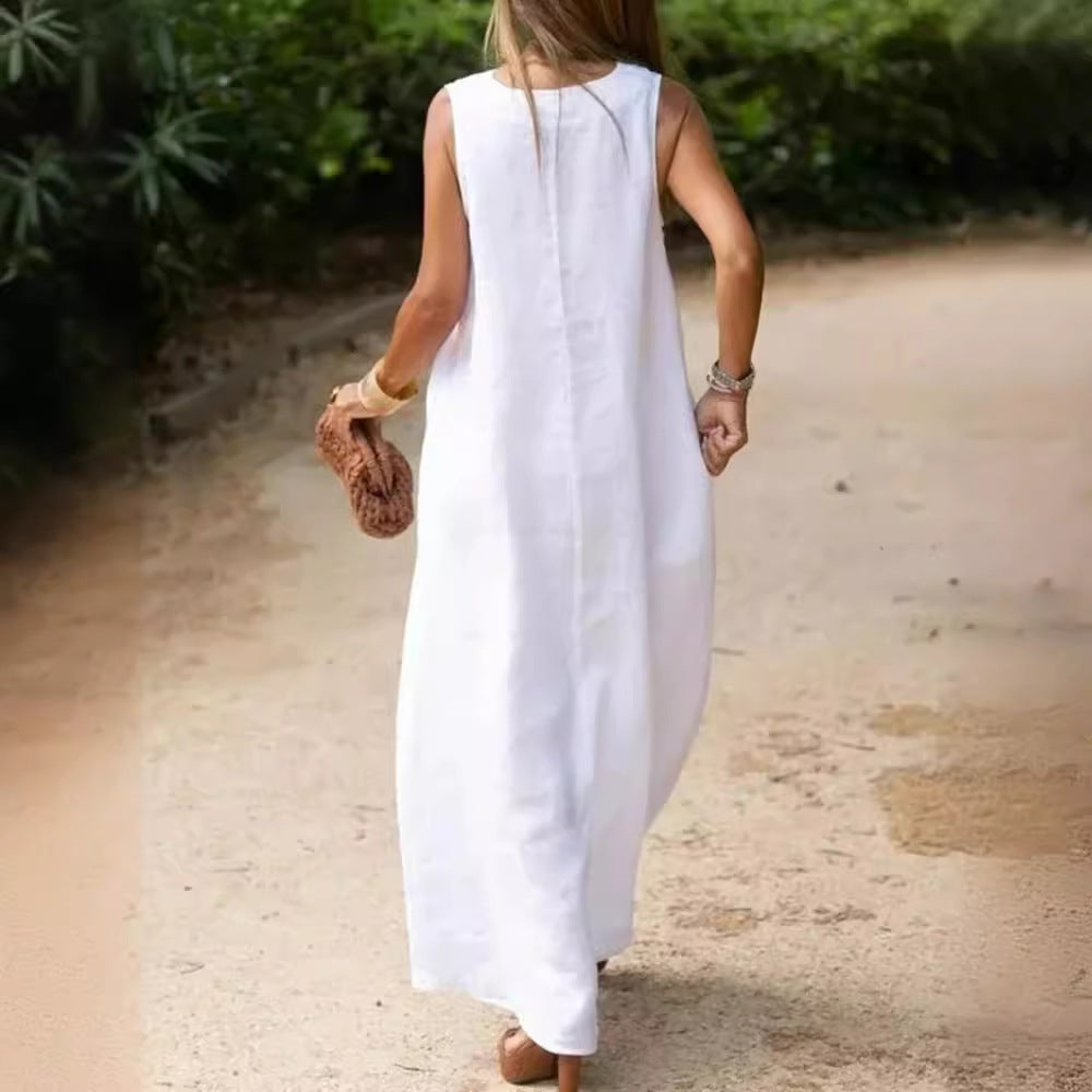 SWVWS Wish    Spring and Summer New Deep V-neck Sleeveless Large Long Style White Cotton Linen Dress