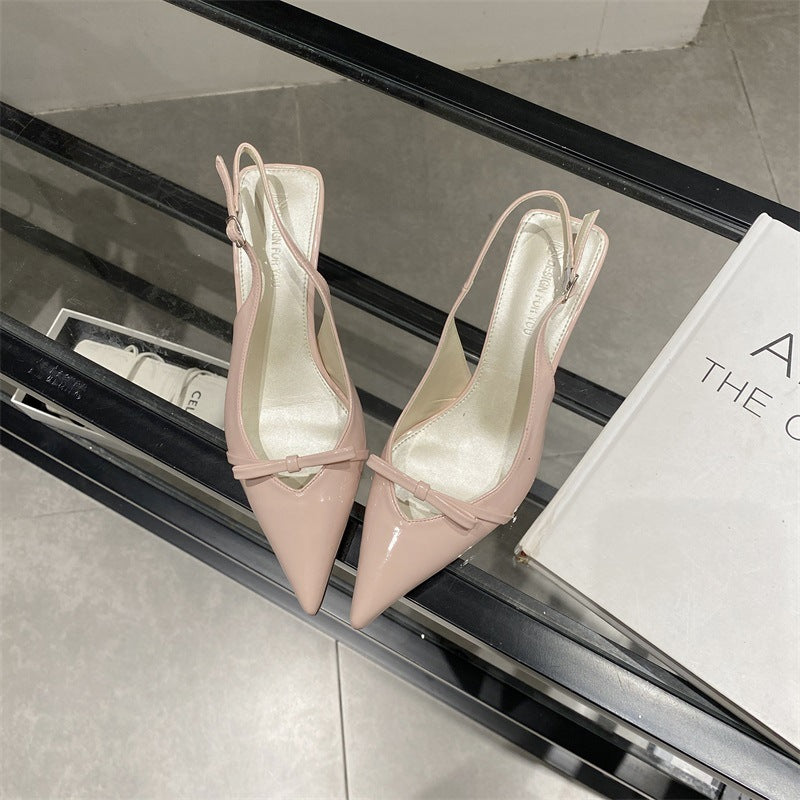 swvws  Summer  New Women's Shoes Design Bow Feeling Back Empty Closed Toe Sandals Korean Style Stiletto Heel Pointed Toe