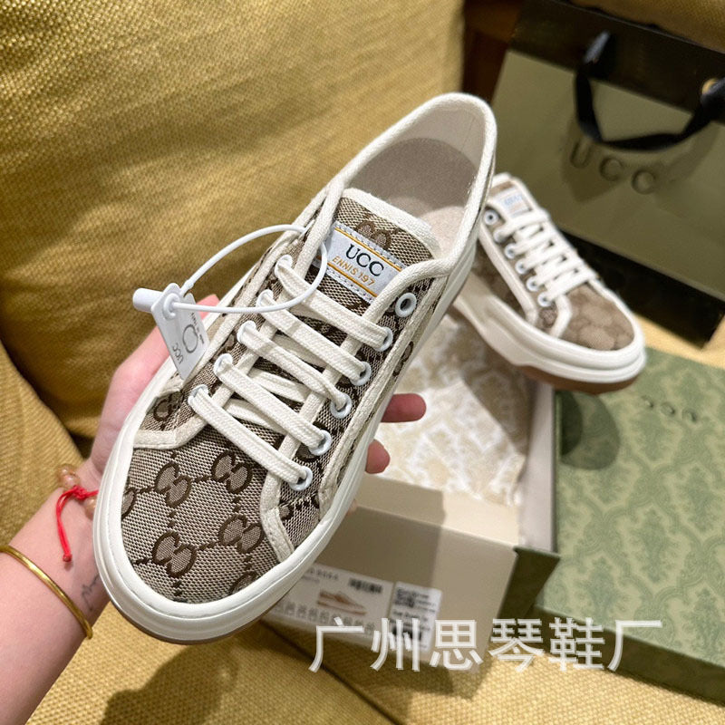 swvws 23 Summer New 1977 Platform Canvas Shoes Women's Vintage Embroidered Dad Shoes High-Low Top Lace-up Canvas Shoes Couple Style