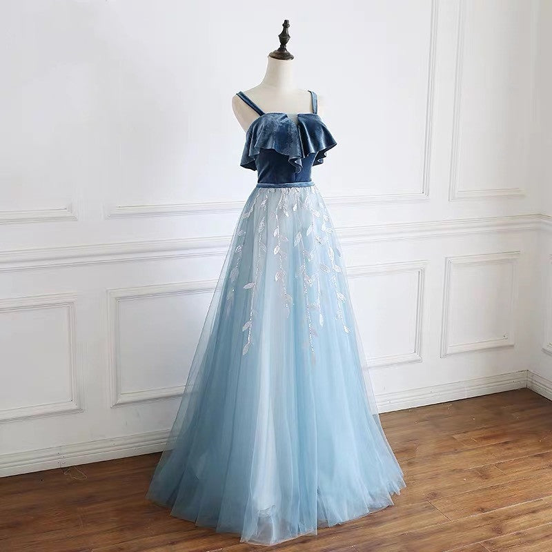 Tmallworld Blue Straps Beautiful Tulle and Velvet Long Party Dress, A-line Blue Evening Dress