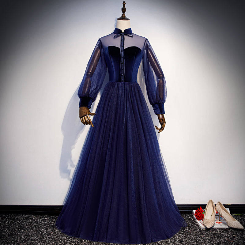 Tmallworld Navy Blue Velvet and Tulle A-line Long Sleeves Prom Dresses, Blue Bridesmaid Dresses