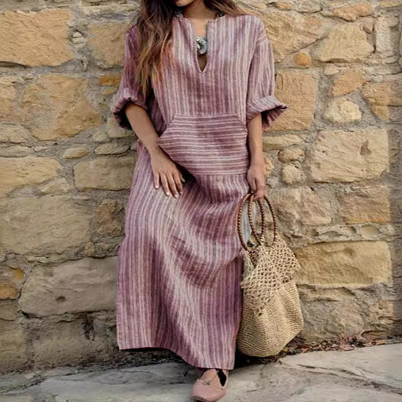 SWVWS Spring and Summer New plus Size Women's Cotton Linen Pocket Yarn-Dyed Loose Length Dress