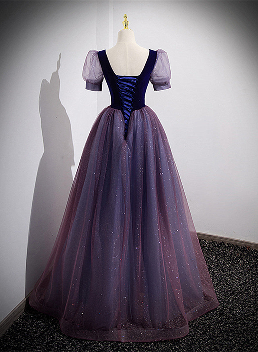 Tmallworld Purple Velvet and Tulle Short Sleeves Evening Dress, Purple A-line Formal Dress Prom Dress