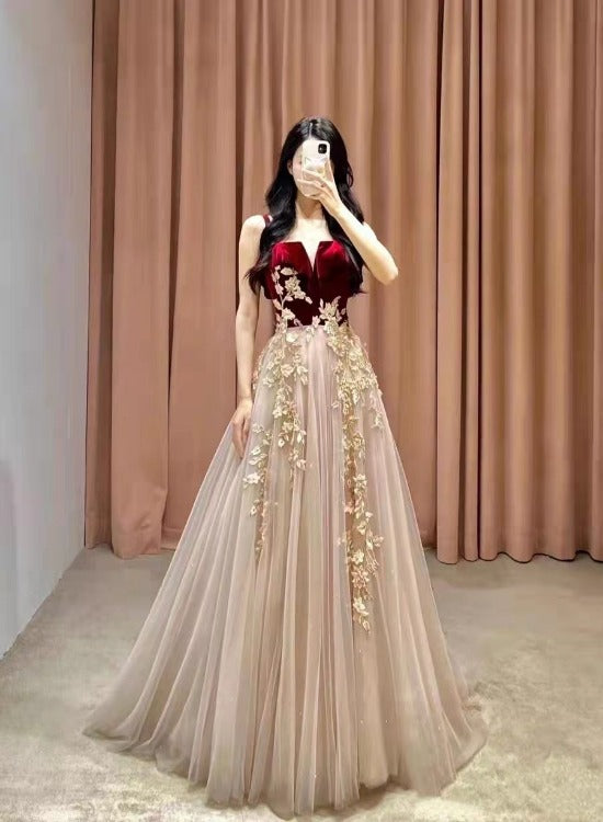 Tmallworld Elegant Tulle with Velvet Long Straps Long Evening Gown, A-line Tulle Prom Dresses