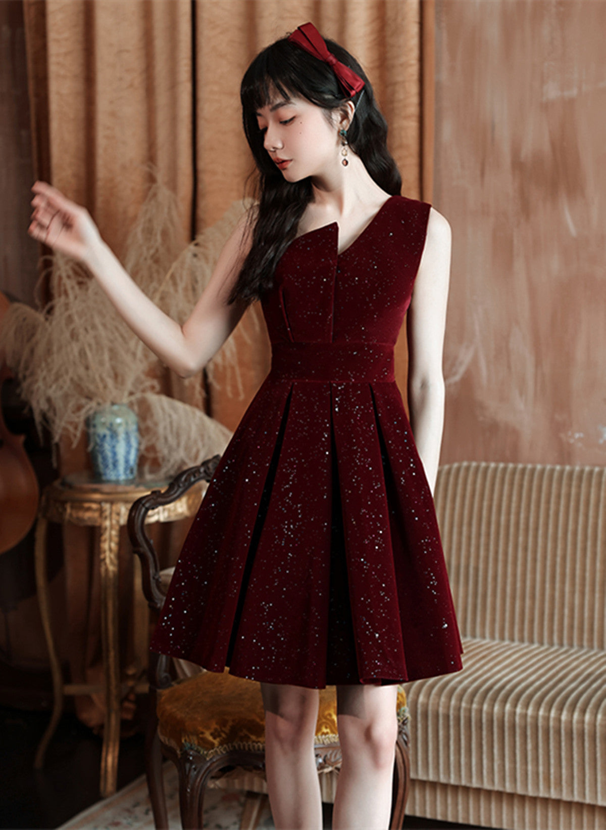 Tmallworld Wine Red Shiny Velvet Short Party Dress, A-line Short Homecoming Dress Prom Dress