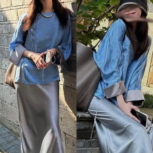 SWVWS In Stock Celebrity Style New Chinese Style Shirt Women's Design Sense Silver Split Dress Sheath Fishtail Skirt