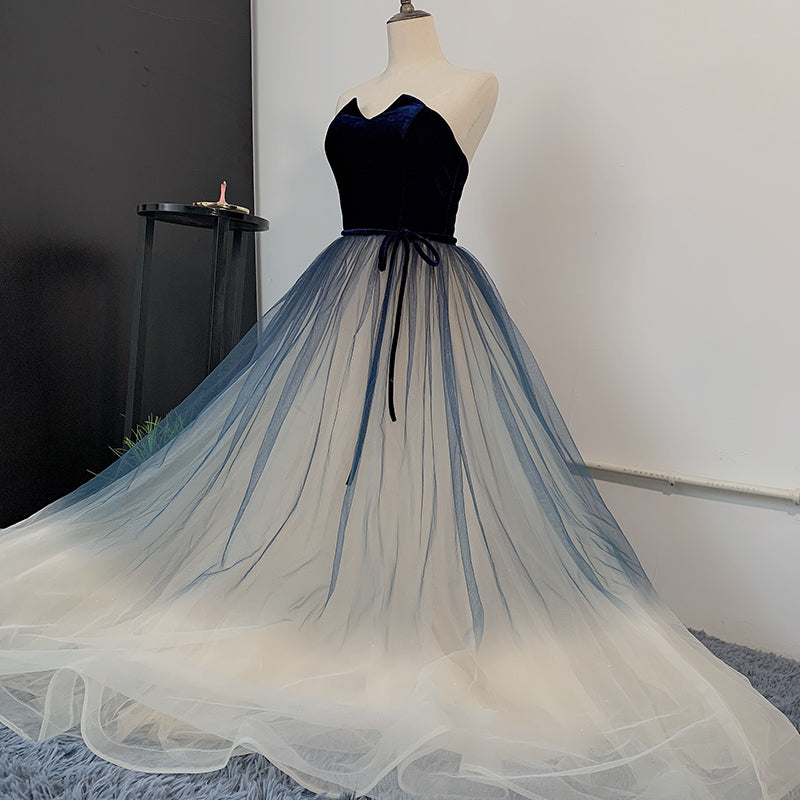 Tmallworld Unique Navy Blue Gradient Tulle with Velvet Top Prom Dress, Tulle Long Party Dress Formal Dress