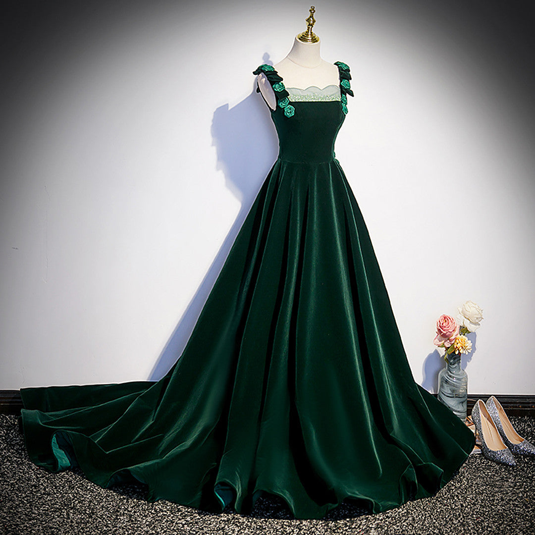 Tmallworld Dark Green Velvet Straps Long Formal Dress with Flowers, Green Evening Dress Prom Dress