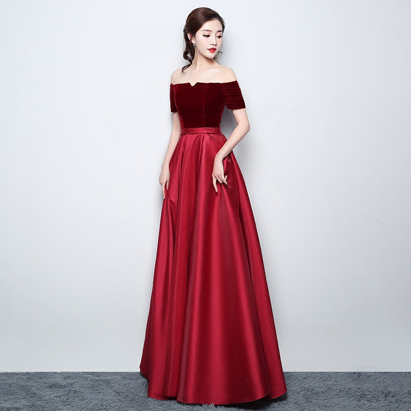 Tmallworld Wine Red Satin with Velvet Prom Dress, Off Shoulder A-line Formal Dress Evening Dress