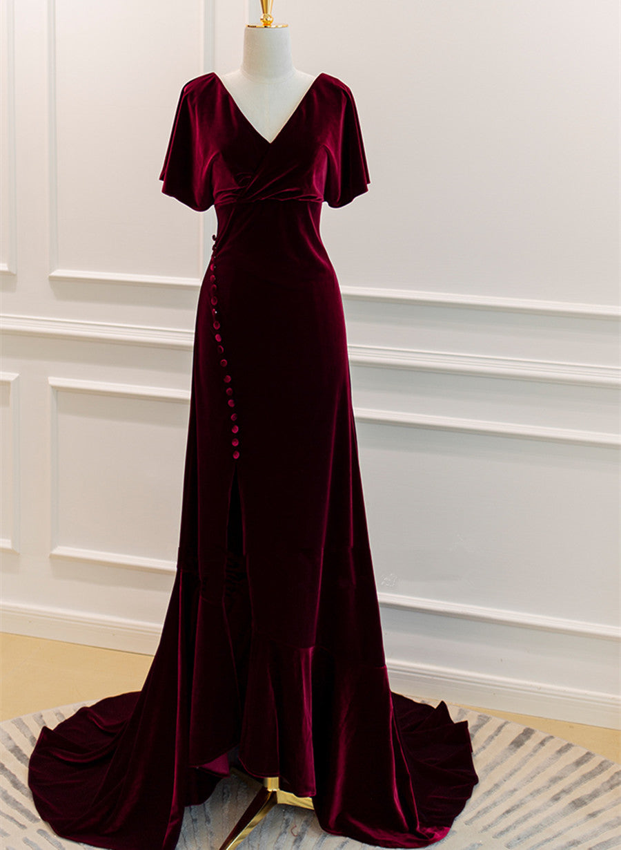 Tmallworld Wine Red Velvet Long Wedding Party Dress with Leg Slit, Wine Red Formal Dress