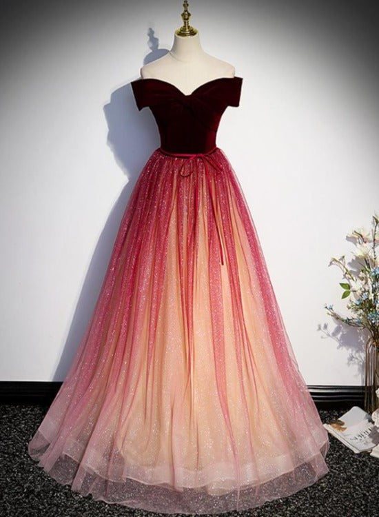 Tmallworld Beautiful Red Gradient Off Shoulder Velvet Long Party Dress Formal Dress, Tulle Junior Prom Dresses