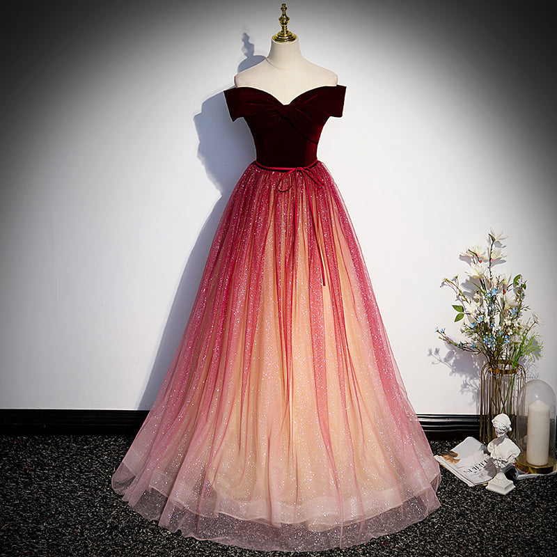 Tmallworld Beautiful Red Gradient Off Shoulder Velvet Long Party Dress Formal Dress, Tulle Junior Prom Dresses