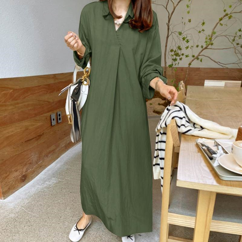 SWVWS New Solid Color Polo Collar Cotton and Linen Long Sleeve Simple Temperament Commute Loose Casual Long plus Size Dress