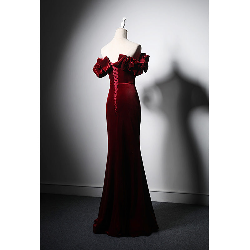 Tmallworld Wine Red Velvet Off Shoulder Mermaid Long Prom Dress, Long Lace-up Evening Dress