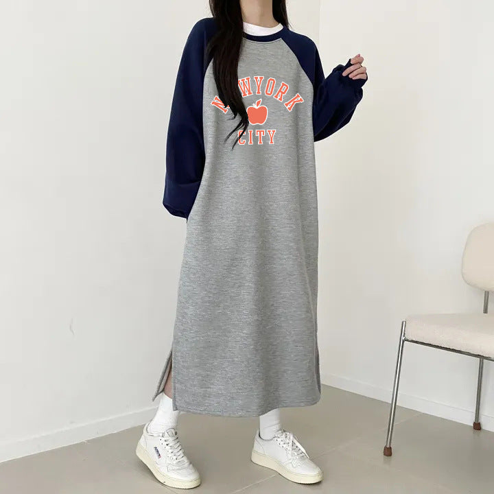 SWVWS 2025 Korean version of long-sleeved splicing skirt women's autumn and winter popular new Korean version of Popular style printing loose casual medium and long dress