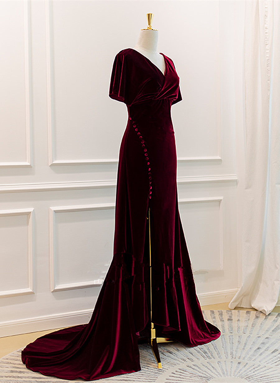 Tmallworld Wine Red Velvet Long Wedding Party Dress with Leg Slit, Wine Red Formal Dress