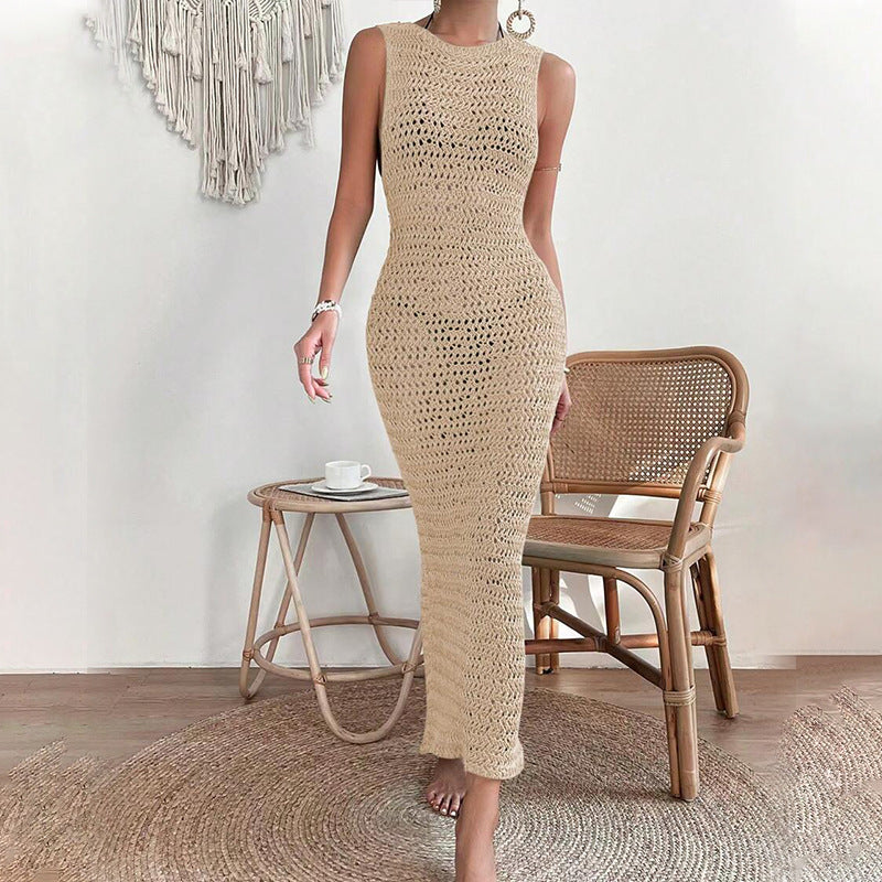 swvws  Cross-Border Seaside Beach Dress European and American Hollow Knitted Long Dress Sling Backless Sexy Dress in Stock