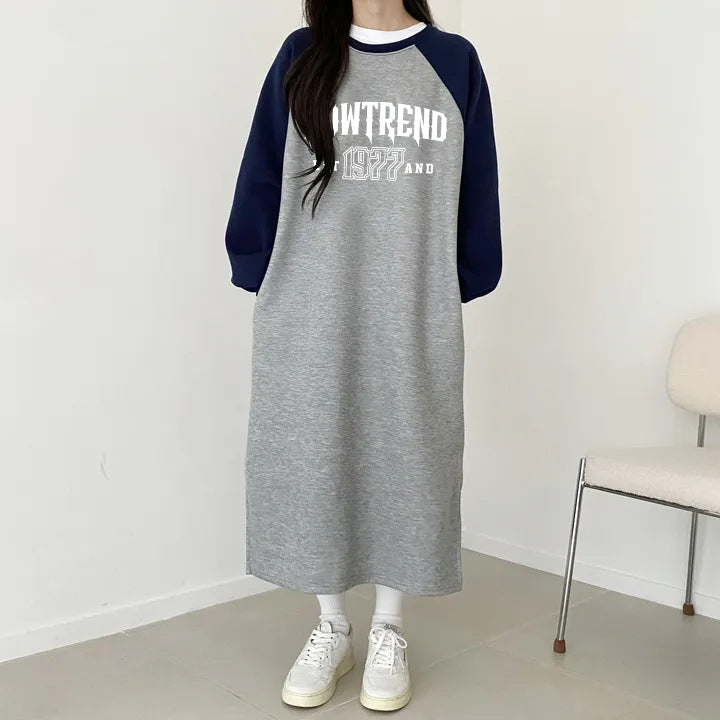 SWVWS 2025 Korean version Korean autumn and winter new 2025n retro loose letter printing thin dress splicing skirt casual medium length