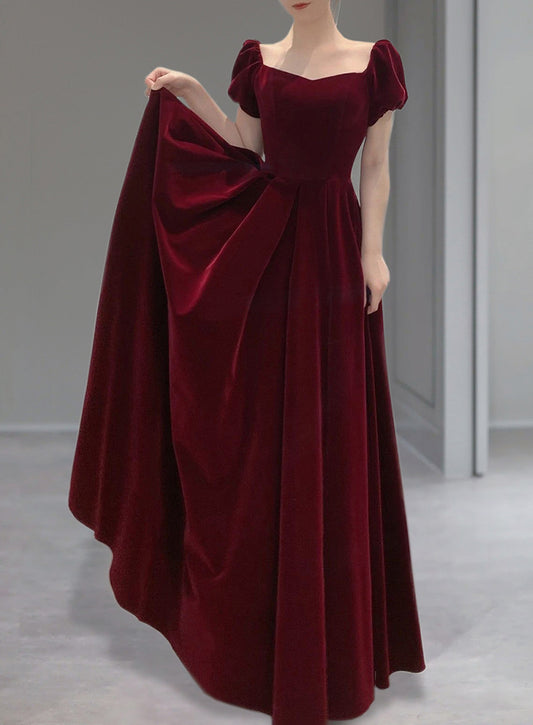 Tmallworld Burgundy Velvet Cap Sleeves Long Formal Dresses, A-line Velvet Evening Dress Prom Dresss