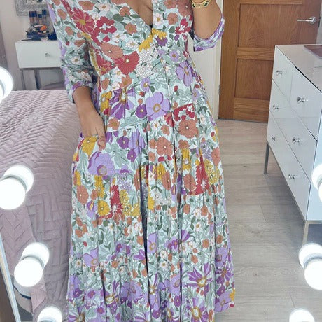 SWVWS New plus Size Super Fairy V-neck Floral Dress Seaside Holiday Beach Dress Loose Long Dress Ladies