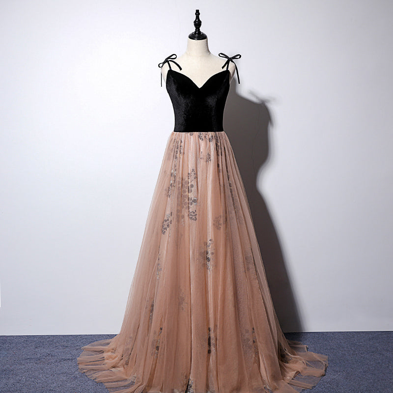 Tmallworld Sexy Champagne Tulle with Black Velvet Prom Dress, Straps Party Gown