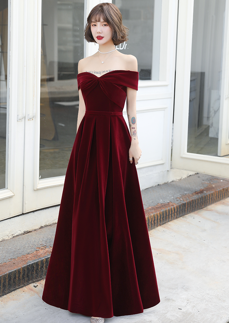 Tmallworld Beautiful Wine Red Off Shoulder Long Velvet Party Dress, Prom Dress