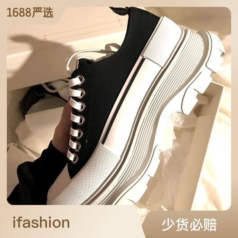 swvws McQueen Canvas Shoes Women's Spring  Thin Breathable Increased Platform Sports Casual Couple Dad Shoes